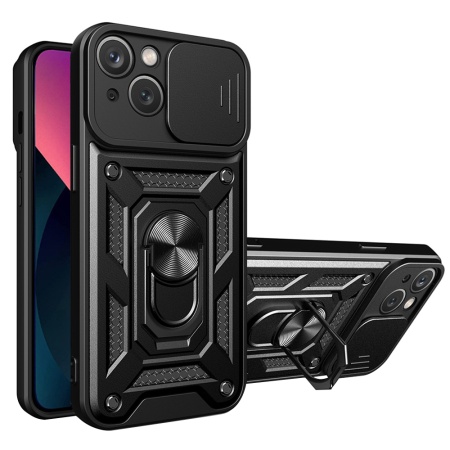 Husa pentru iPhone 14, SKYDDAR INNOVATION, CamShield, Negru, set cu sticker
