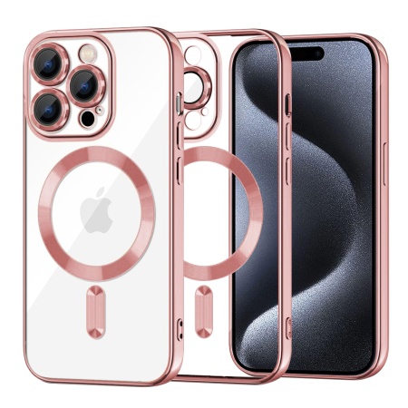 Husa pentru iPhone 15 Pro, SKYDDAR INNOVATION, Luxury Shield Magsafe, Protectie Antisoc, Roz, set cu sticker