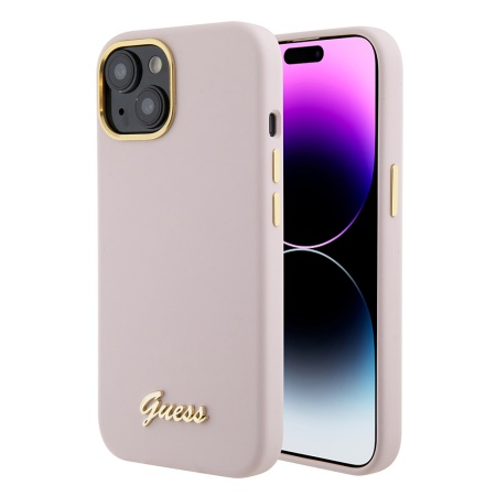 Husa pentru iPhone 15 Silicone Script Metal Logo & Frame, Guess - [Culoare necunoscută]