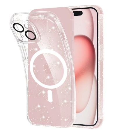 Husa pentru iPhone 15, SKYDDAR INNOVATION, SparkleSkin Magsafe, din Silicon TPU cu Sclipici, Design Elegant si Ultra Subtire, Transparenta, set cu sticker