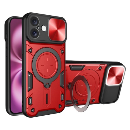 Husa pentru iPhone 16 Plus, SKYDDAR INNOVATION, CamGuard Pro, Inel Magnetic, Protectie Camera, Rosu, set cu sticker