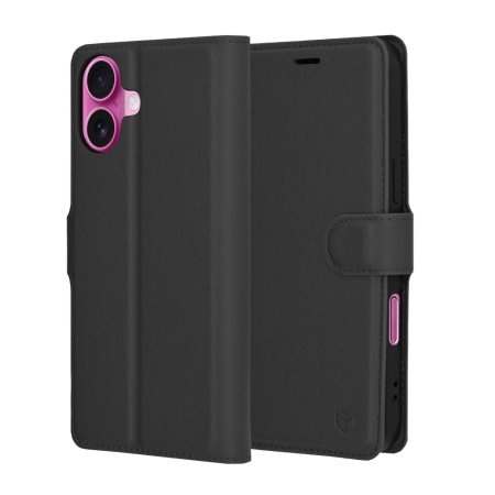 Husa pentru iPhone 16 Plus, SKYDDAR INNOVATION, Leather Folio, tip Carte, cu Portofel Interior, Finisaje Premium, Negru, set cu sticker
