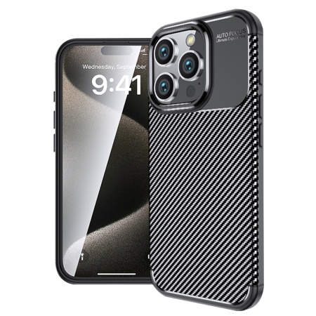 Husa pentru iPhone 16 Pro, SKYDDAR INNOVATION, CarbonFiber, Antisoc, Negru, set cu sticker