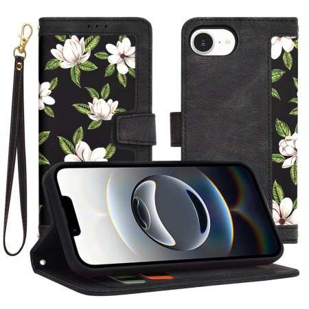 Husa pentru iPhone 16e, SKYDDAR INNOVATION, Floral Wallet, din Piele Ecologică cu Design Floral, Protecție 360°, Stand Integrat, Buzunare pentru Carduri, Negru, set cu sticker
