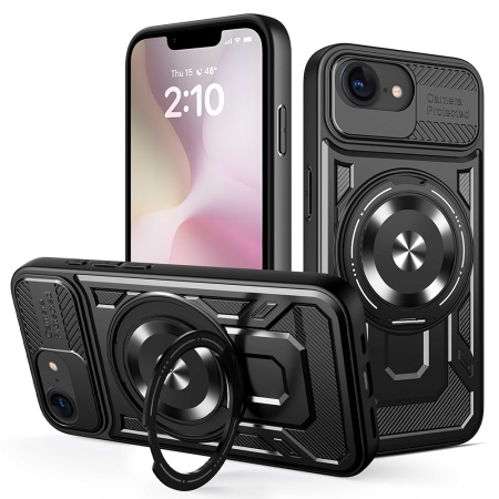 Husa pentru iPhone 16e, SKYDDAR INNOVATION, RuggedCam, Inel magnetic antisoc, set cu sticker, Negru
