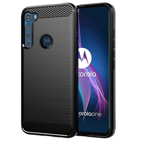 Husa pentru Motorola One Fusion Plus, SKYDDAR INNOVATION, Carbon Silicone, din Silicon Slim, cu textura Fibra Carbon, set cu sticker, Negru