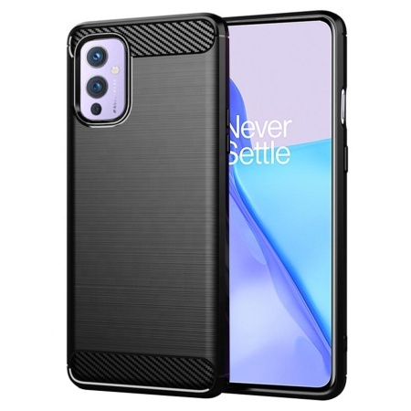 Husa pentru OnePlus 9, SKYDDAR INNOVATION, Carbon Silicone, din Silicon Slim, cu textura Fibra Carbon, set cu sticker, Negru