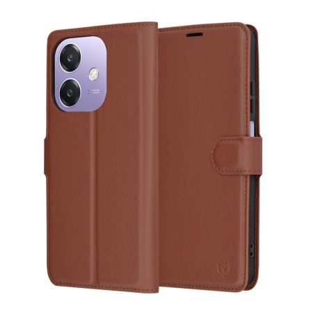 Husa pentru Oppo A40 4G / A60 5G, SKYDDAR INNOVATION, Leather Folio tip Carte, cu Portofel Interior, Finisaje Premium, set cu sticker, Maro