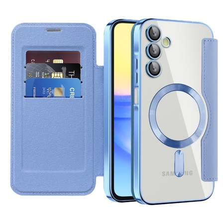 Husa pentru Samsung Galaxy A15 4G / Galaxy A15 5G tip carte, SKYDDAR INOVATION, SmartMag Book, Magsafe, RFiD, Suport Carduri, set cu sticker, Bleu