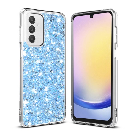 Husa pentru Samsung Galaxy A25 5G, SKYDDAR INNOVATION, SparkleCase, din Silicon cu Sclipici, Protectie Completa, set cu sticker, Bleu