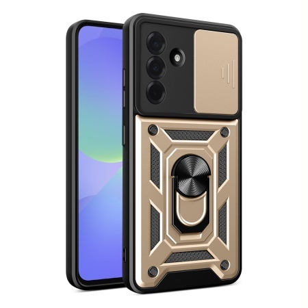 Husa pentru Samsung Galaxy A36 5G, SKYDDAR INNOVATION, CamShield, Inel magnetic, set cu sticker, Auriu