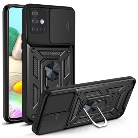 Husa pentru Samsung Galaxy A71 4G, SKYDDAR INNOVATION, CamShield, Inel magnetic, set cu sticker, Negru