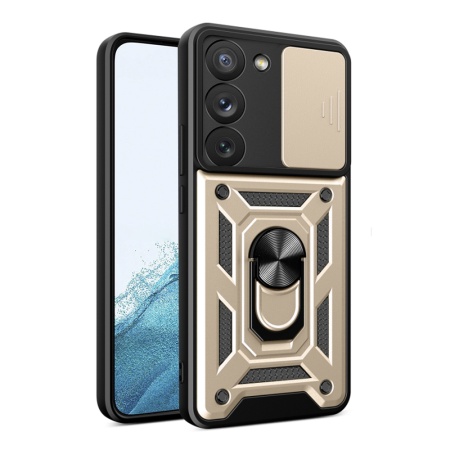 Husa pentru Samsung Galaxy S22 5G, SKYDDAR INNOVATION, CamShield, Inel magnetic, set cu sticker, Auriu