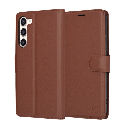 Husa pentru Samsung Galaxy S23 Plus, SKYDDAR INNOVATION, Leather Folio tip Carte, cu Portofel Interior, Finisaje Premium, set cu sticker, Maro