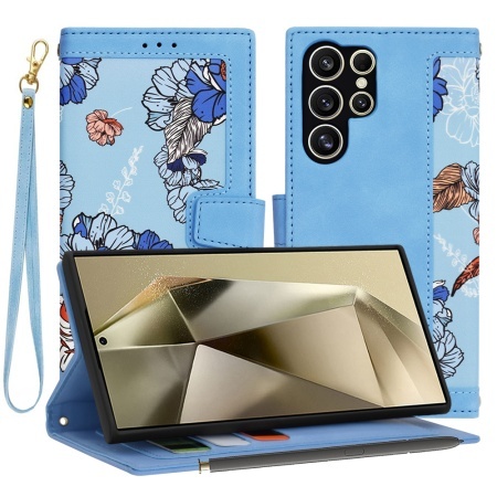Husa pentru Samsung Galaxy S24 Ultra, SKYDDAR INNOVATION, Flipcraft din Piele Ecologică, Stand Integrat, Buzunare pentru Carduri, set cu sticker, Bleu