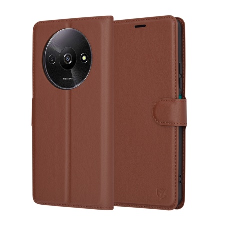 Husa pentru Xiaomi Redmi A3 / Redmi A3x, SKYDDAR INNOVATION, Leather Folio tip Carte, cu Portofel Interior, Finisaje Premium, set cu sticker, Maro