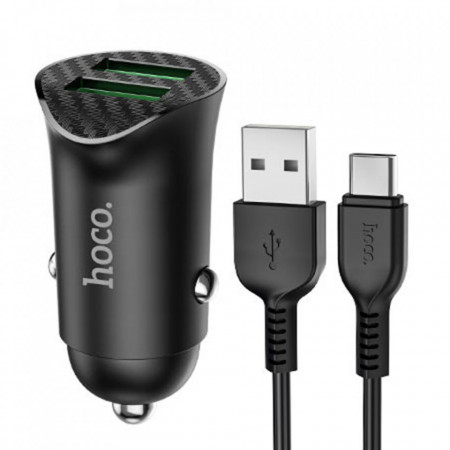Incarcator auto (Z39 Farsighted), 2xUSB-A, QC 3.0, 18W, 3A cu cablu USB-A to USB Type-C Cable 1.0m, HOCO - Negru