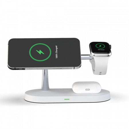 Incarcator Wireless 3in1 USB-C 1m inclus, MagSafe, Led, 15W, TECH-PROTECT A12 - Alb