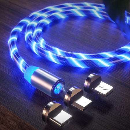 Cablu de Incarcare 3in1 Type-C/Micro USB/Lightning, Magnetic, LED Flowing, 1M - Albastru