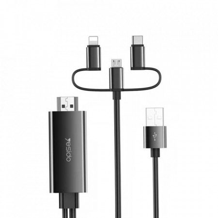Cablu Video 3in1 USB la HDMI, Lightning, Micro-USB si Type-C 1080p, 1.8M, Yesido (HM05) - Negru
