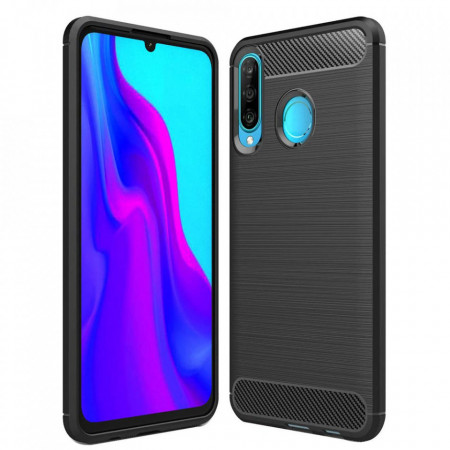 Husa Huawei P30 Lite din silicon, Slim, cu textura Fibra Carbon - Negru