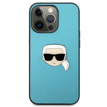 Husa iPhone 13 Pro Max, Karl Lagerfeld KLHCP13XPKMB, Leather Ikonik Karl`s Head Metal - Albastru