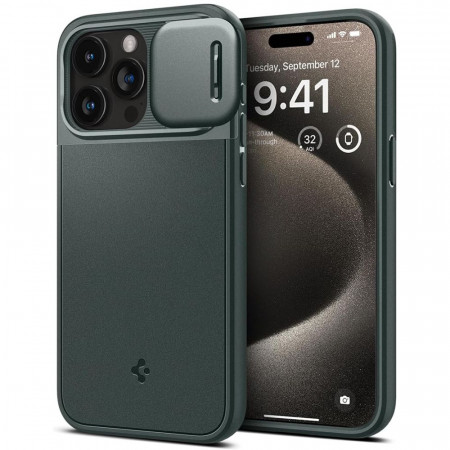Husa iPhone 15 Pro Max, Spigen Optik Armor - Abyss Green