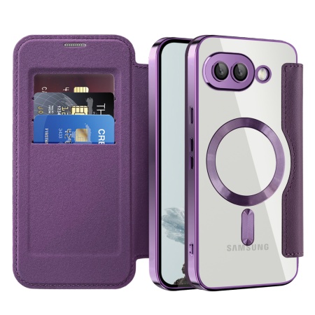 Husa pentru Google Pixel 9a tip carte, SKYDDAR INOVATION, SmartMag Book, Magsafe, RFiD, Suport Carduri, set cu sticker, Mov