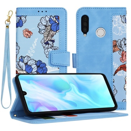Husa pentru Huawei P30 Lite / P30 Lite New Edition, SKYDDAR INNOVATION, Flipcraft din Piele Ecologică, Stand Integrat, Buzunare pentru Carduri, set cu sticker, Bleu