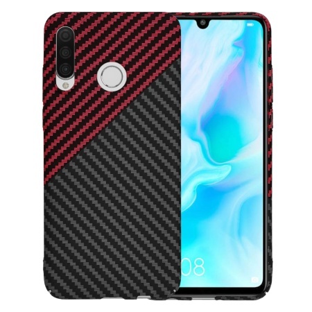 Husa pentru Huawei P30 Lite / P30 Lite New Edition, SKYDDAR INNOVATION, textura carbon, Carbonite FiberShell, set cu sticker, Rosu inchis,