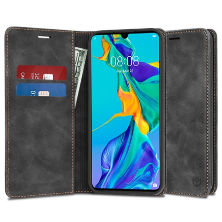 Husa pentru Huawei P30, SKYDDAR INNOVATION, Soft Wallet, tip Carte din piele Eco Premium, cu Portofel Interior, Negru, set cu sticker