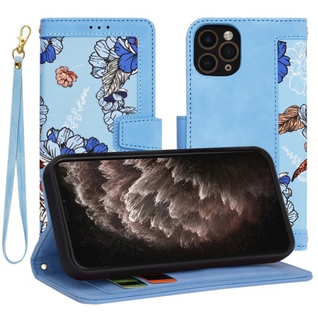 Husa pentru iPhone 11 Pro, SKYDDAR INNOVATION, Flipcraft din Piele Ecologică, Stand Integrat, Buzunare pentru Carduri, set cu sticker, Bleu