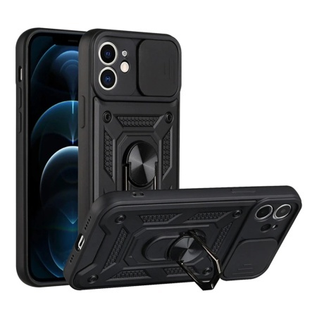 Husa pentru iPhone 11, SKYDDAR INNOVATION, CamShield, Inel magnetic, set cu sticker, Negru