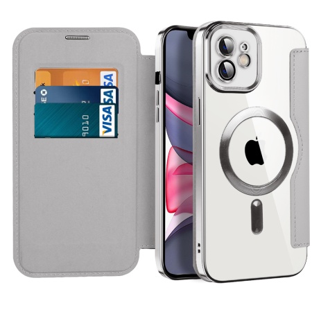 Husa pentru iPhone 11 tip carte, SKYDDAR INOVATION, SmartMag Book, Magsafe, RFiD, Suport Carduri, set cu sticker, Gri