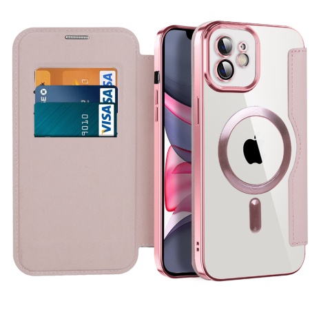 Husa pentru iPhone 11 tip carte, SKYDDAR INOVATION, SmartMag Book, Magsafe, RFiD, Suport Carduri, set cu sticker, Roz