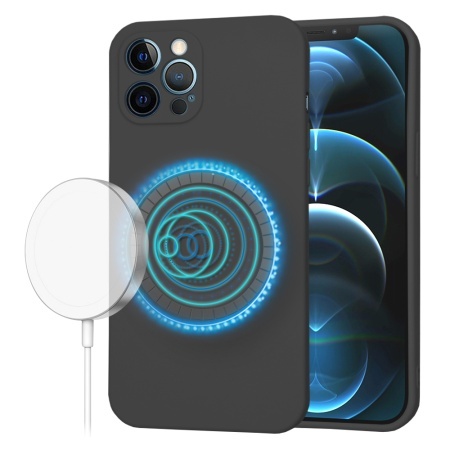 Husa pentru iPhone 12 Pro Max, SKYDDAR INNOVATION, din Silicon Catifelat, SoftFlex Magsafe, set cu sticker, Negru