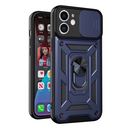 Husa pentru iPhone 12, SKYDDAR INNOVATION, CamShield, Inel magnetic, set cu sticker, Albastru