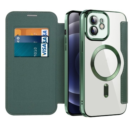 Husa pentru iPhone 12 tip carte, SKYDDAR INOVATION, SmartMag Book, Magsafe, RFiD, Suport Carduri, set cu sticker, Verde