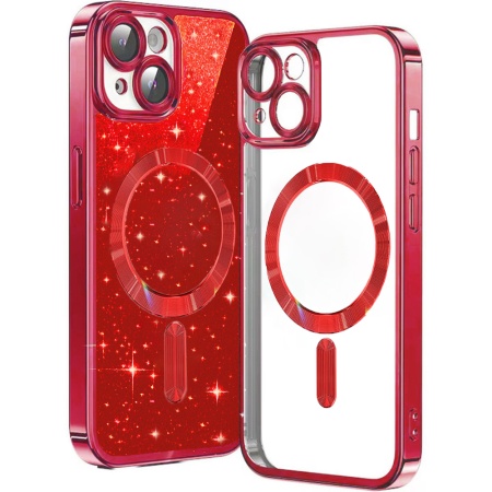 Husa pentru iPhone 13, SKYDDAR INNOVATION, Luxury Glitter Magsafe, Antisoc, Fundal Detasabil 2-in-1, Protectie Superioara, Margini Ridicate, Rosu, set cu sticker