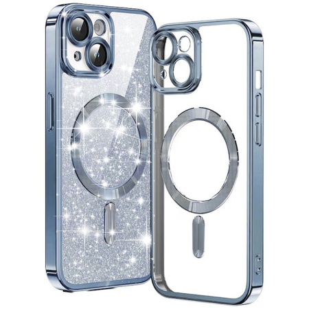 Husa pentru iPhone 14 Plus, SKYDDAR INNOVATION, Luxury Glitter Magsafe, Antisoc, Fundal Detasabil 2-in-1, Protectie Superioara, Margini Ridicate, Bleu, set cu sticker