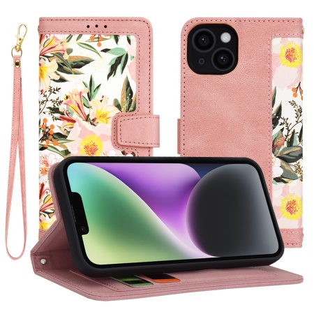 Husa pentru iPhone 14, SKYDDAR INNOVATION, Floral Wallet, din Piele Ecologică cu Design Floral, Protecție 360°, Stand Integrat, Buzunare pentru Carduri, Roz, set cu sticker