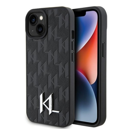 Husa pentru iPhone 15, Hardcase Leather Monogram, Karl Lagerfeld - Logo Negru