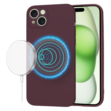 Husa pentru iPhone 15 Plus, SKYDDAR INNOVATION, din Silicon Catifelat, SoftFlex Magsafe, Bordo, set cu sticker