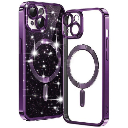 Husa pentru iPhone 15 Plus, SKYDDAR INNOVATION, Luxury Glitter Magsafe, Antisoc, Fundal Detasabil 2-in-1, Protectie Superioara, Margini Ridicate, Mov, set cu sticker