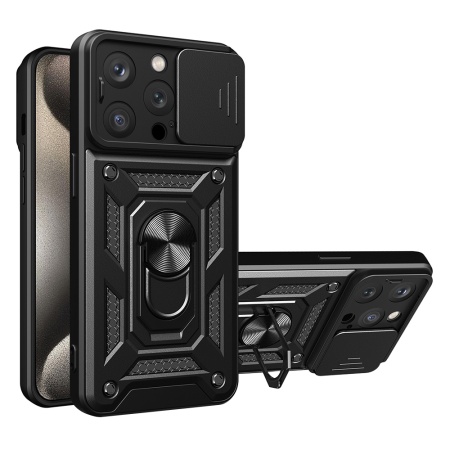 Husa pentru iPhone 15 Pro Max, SKYDDAR INNOVATION, CamShield, Negru, set cu sticker