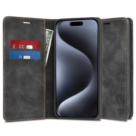 Husa pentru iPhone 15 Pro, SKYDDAR INNOVATION, Soft Wallet, tip Carte din piele Eco Premium, cu Portofel Interior, Negru, set cu sticker
