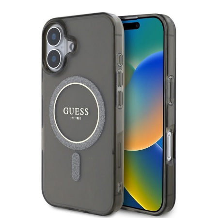 Husa pentru iPhone 16 Plus IML Glitter Circle MagSafe, Guess - Negru