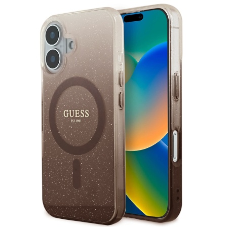 Husa pentru iPhone 16 Plus IML Glitter Gradient MagSafe, Guess - Maro