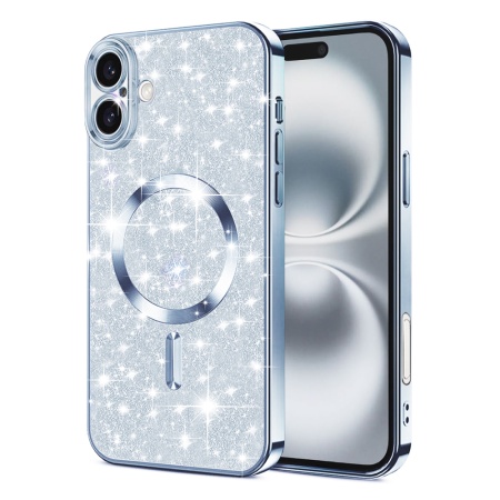Husa pentru iPhone 16 Plus, SKYDDAR INNOVATION, Luxury Glitter Magsafe, Antisoc, Fundal Detasabil 2-in-1, Protectie Superioara, Margini Ridicate, Bleu, set cu sticker