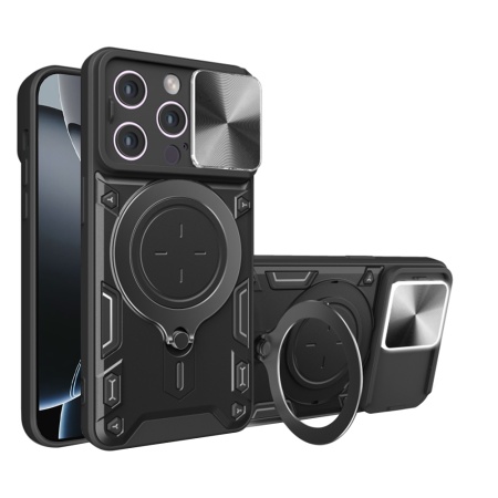 Husa pentru iPhone 16 Pro, SKYDDAR INNOVATION, CamGuard Pro, Inel Magnetic, Protectie Camera, Negru, set cu sticker